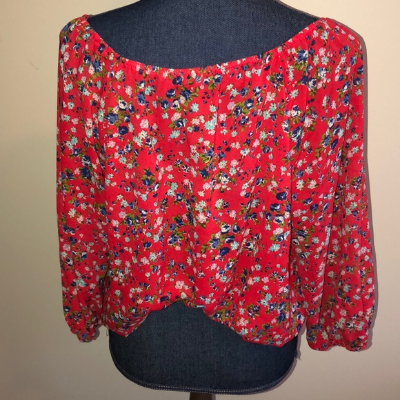 Forever 21 Floral Print Red Elastic Hem Boho Top - Picture 3 of 6